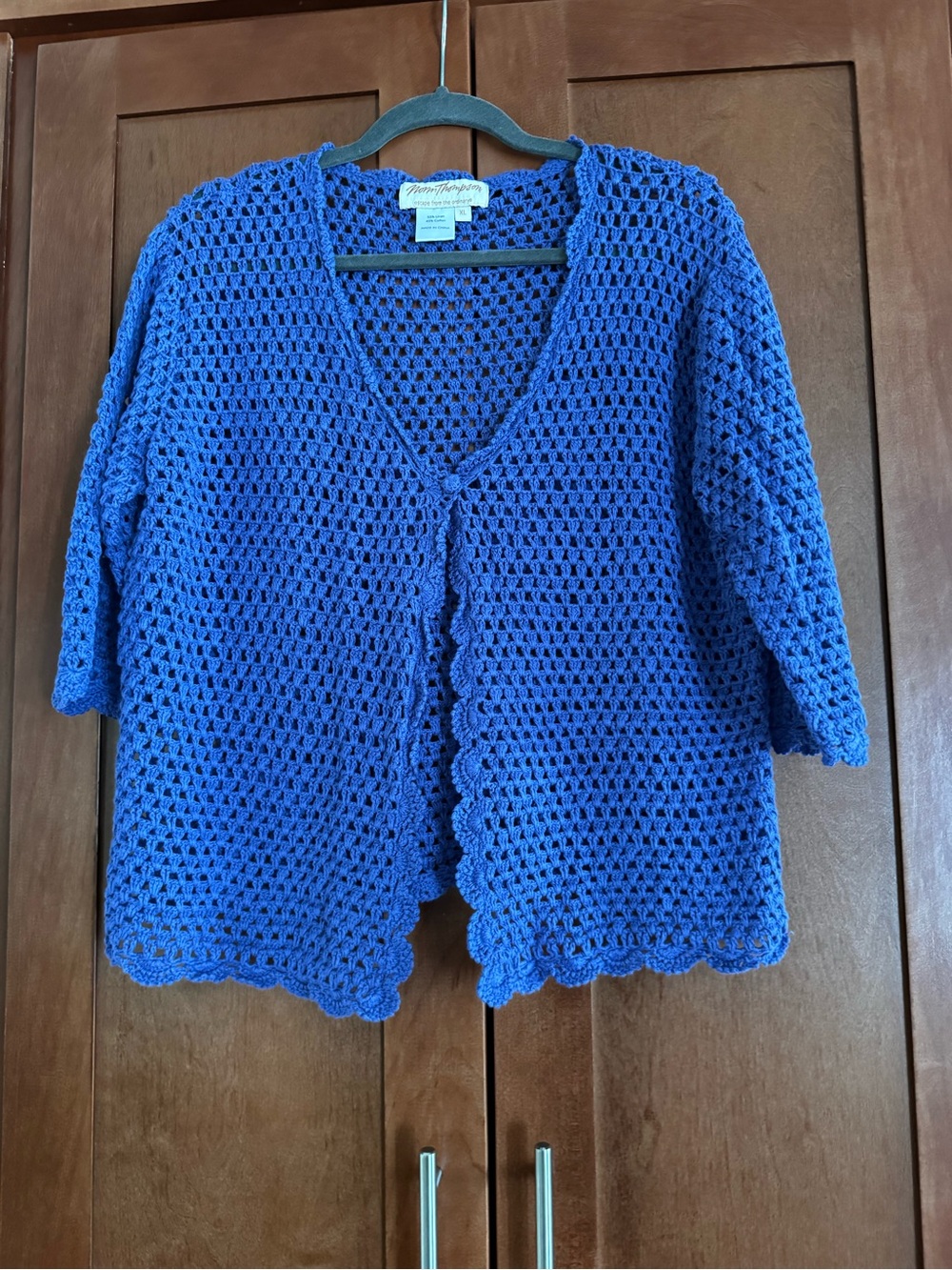 Norm Thompson Royal Blue Cotton- Linen Bland Crochet 3/4 Sleeve Cardigan